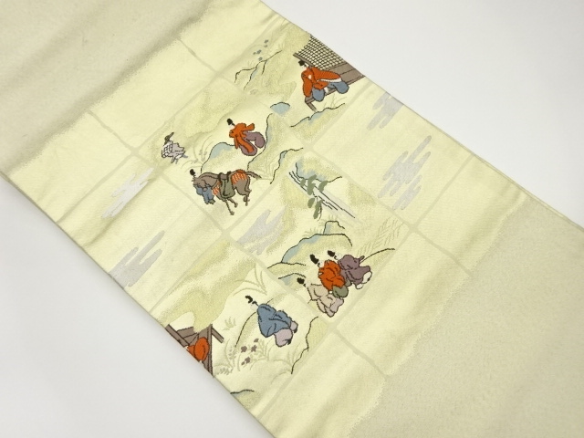 変わり色紙に人物模様織出し名古屋帯